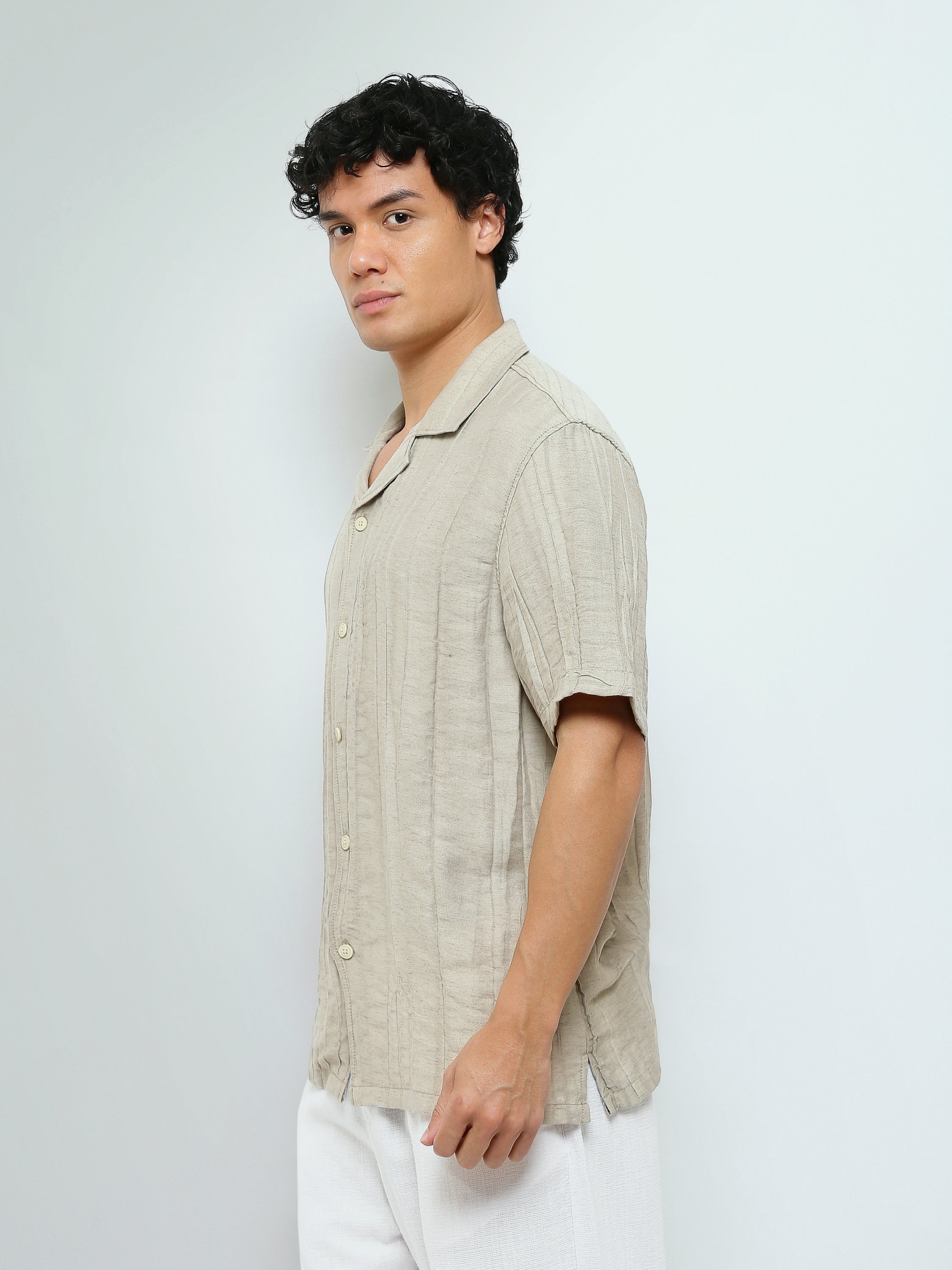 Town Team - Men's Oversized cotton Short Sleeves Shirts Beige Cotton Blend