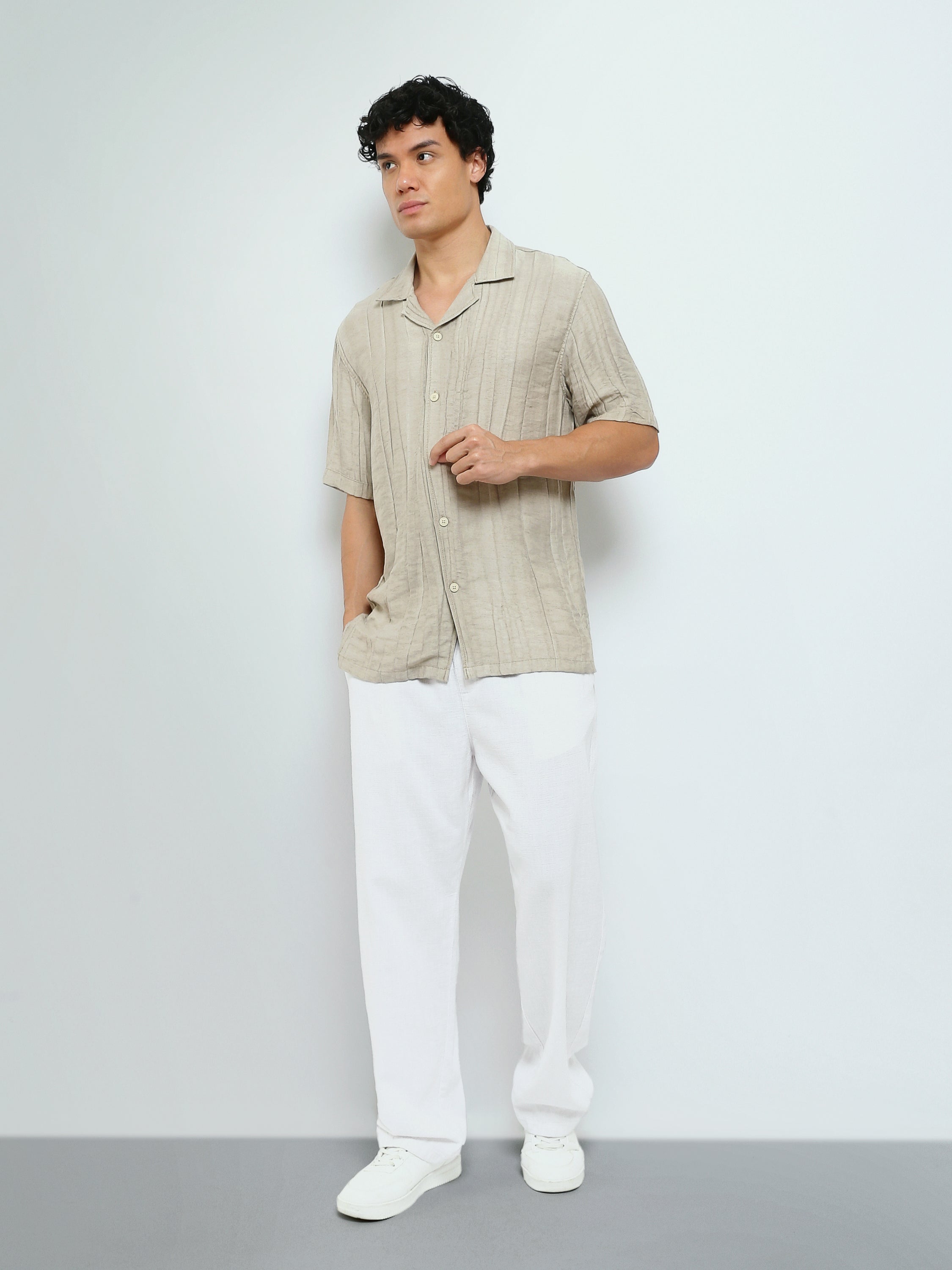 Town Team - Men's Oversized cotton Short Sleeves Shirts Beige Cotton Blend