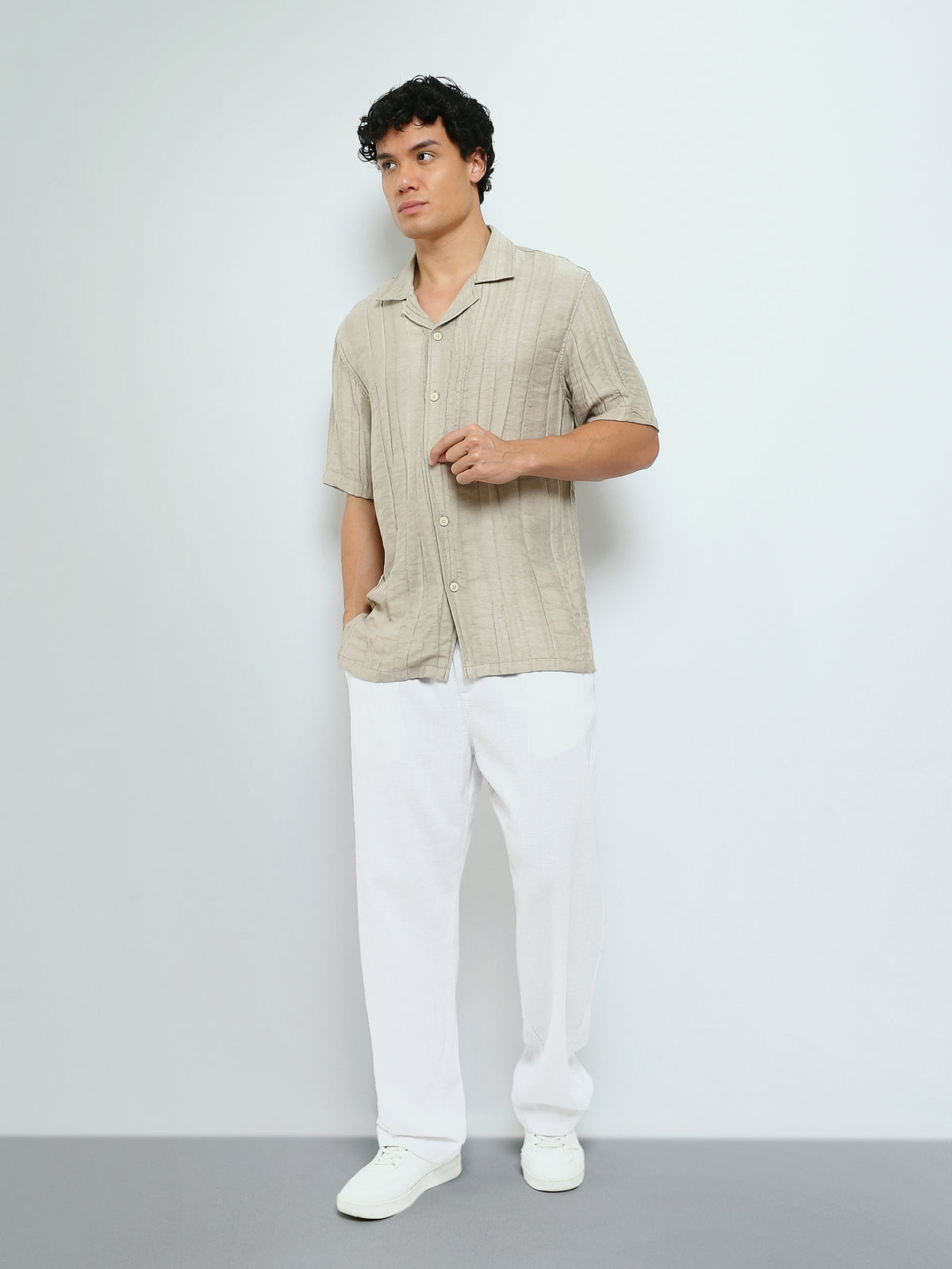 Town Team - Men's Oversized cotton Short Sleeves Shirts Beige Cotton Blend