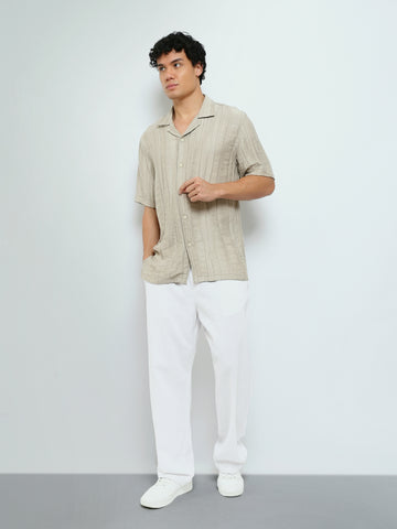 Town Team - Men's Oversized cotton Short Sleeves Shirts Beige Cotton Blend