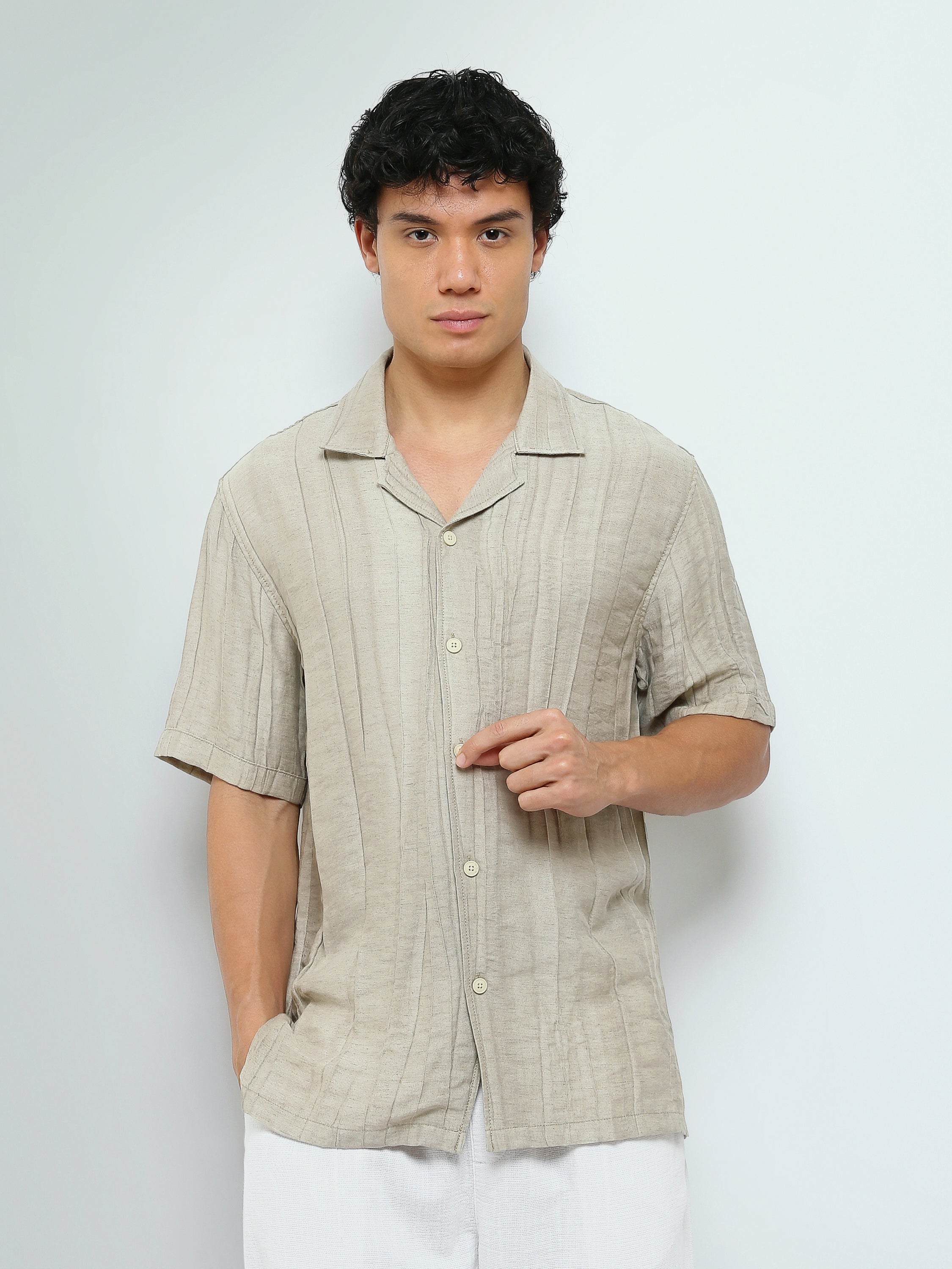 Town Team - Men's Oversized cotton Short Sleeves Shirts Beige Cotton Blend