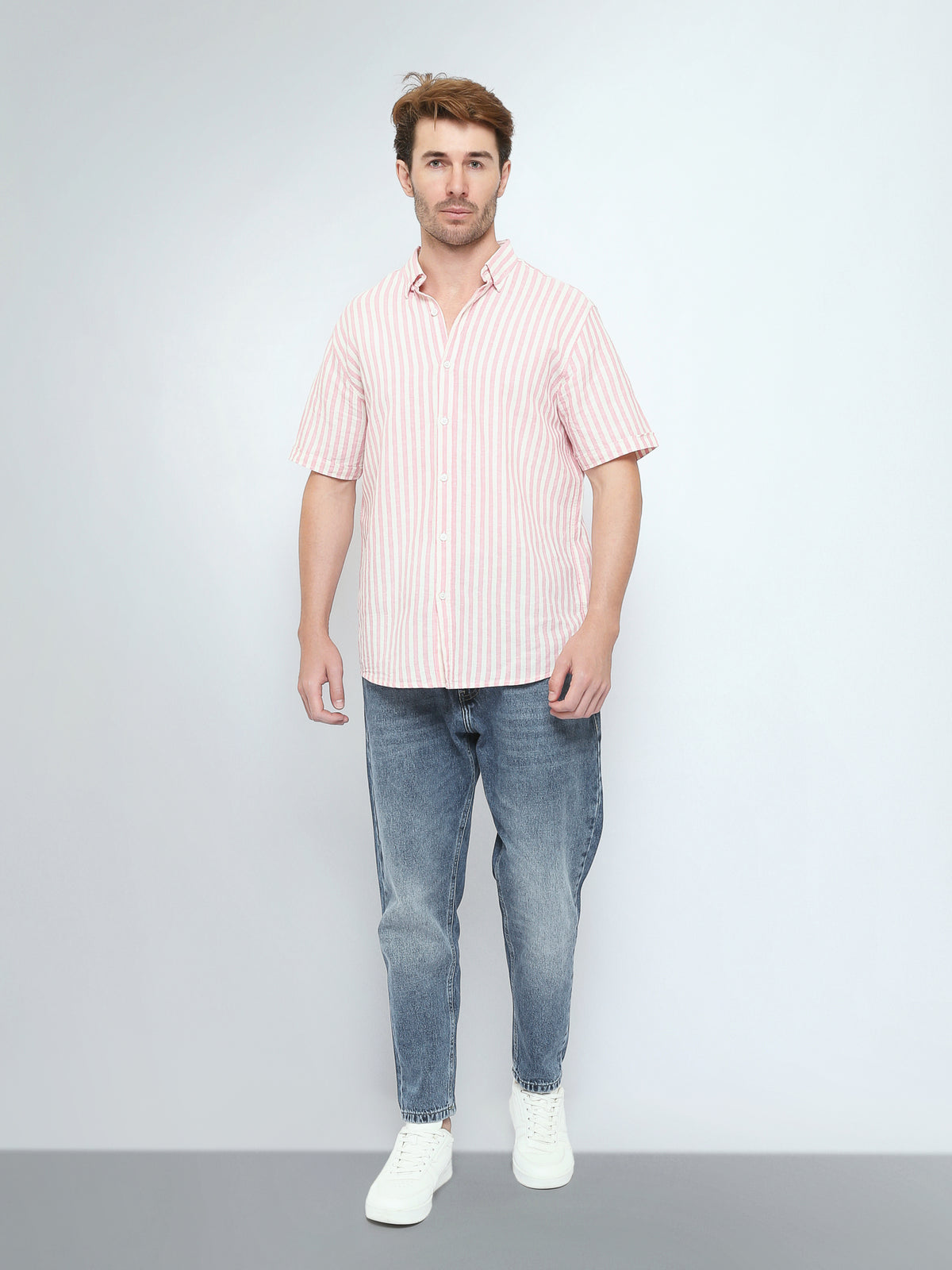Town Team short sleeves shirts linen slim fit WHT/PNK