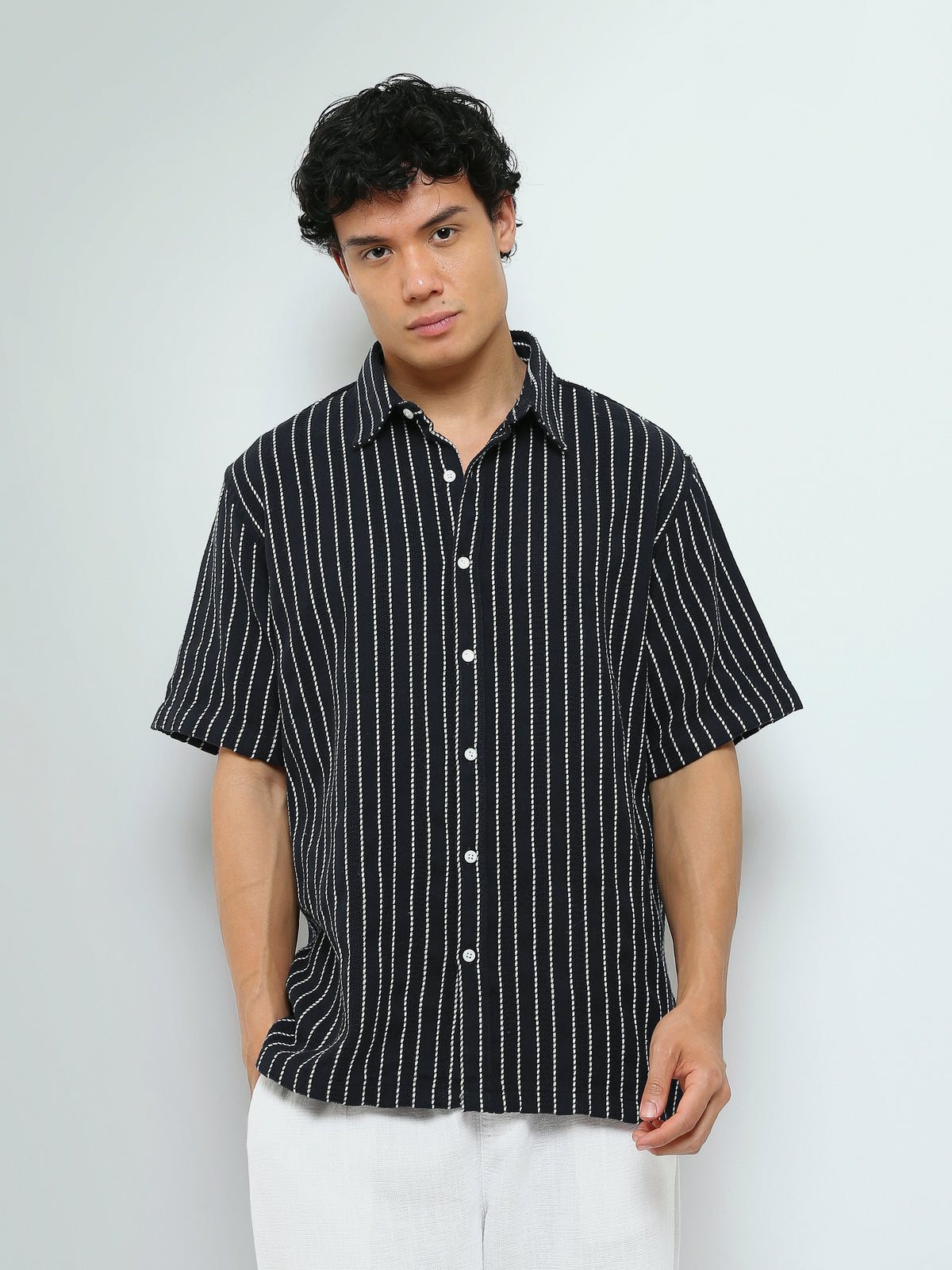 Town Team - Men's Oversized cotton Short Sleeves Shirts NVY/WHT Pure Cotton