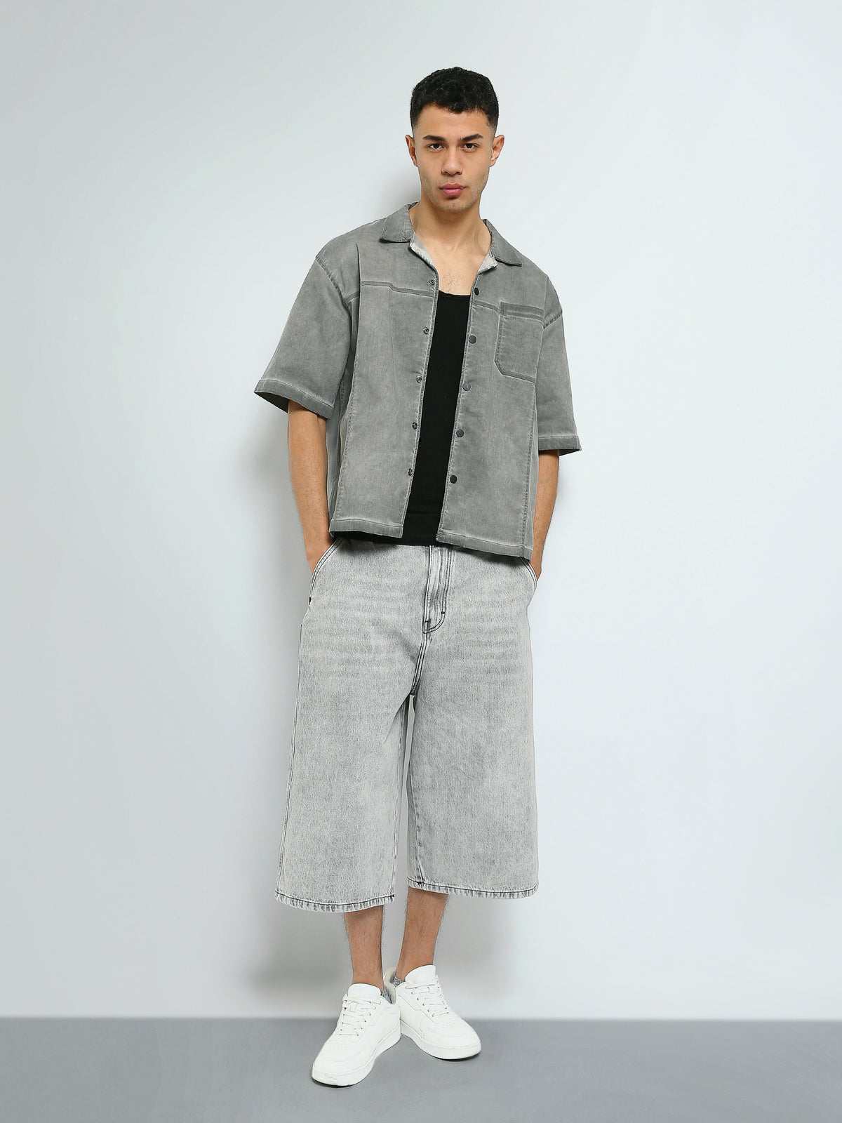 Town Team - Men's Loose gabardine Short Sleeves Shirts Charcoal Mixed fabric