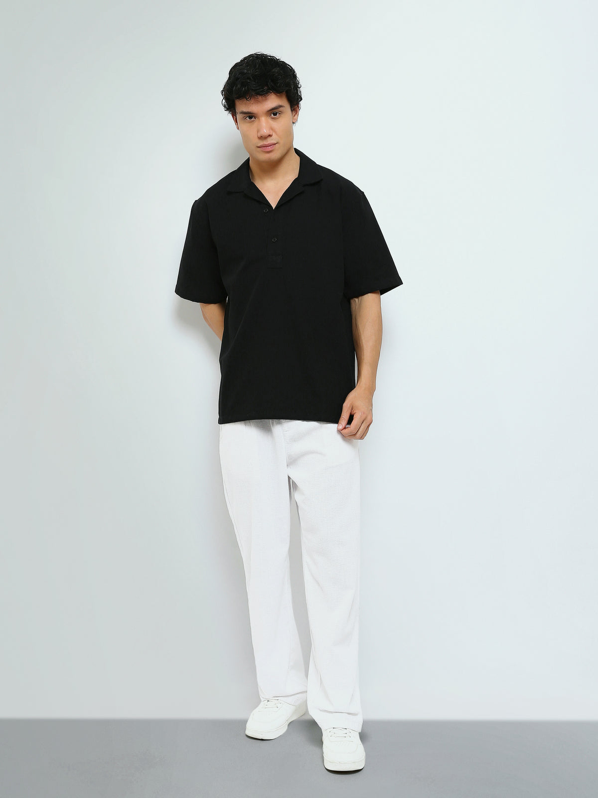 Town Team - Men's Oversized linen Short Sleeves Shirts Black Linen Blend
