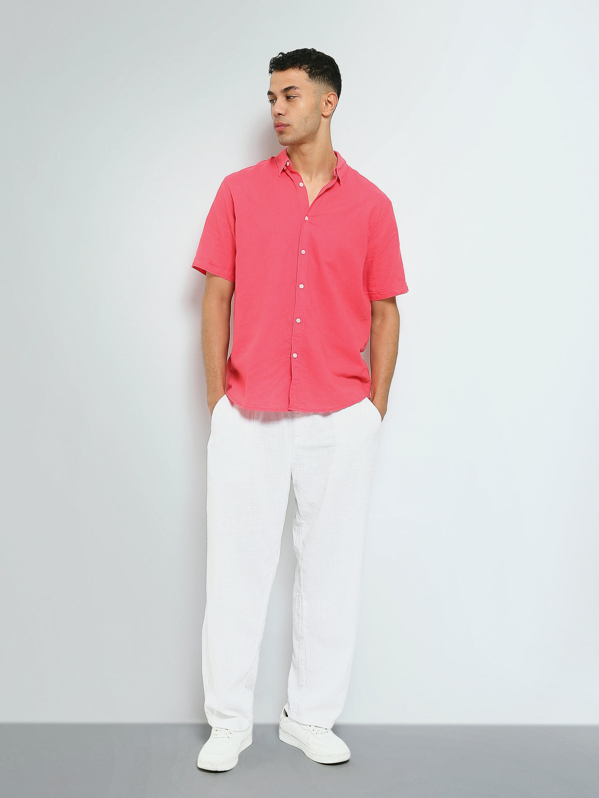 Town Team - Men's Slim linen Short Sleeves Shirts Fuchsia Linen Blend