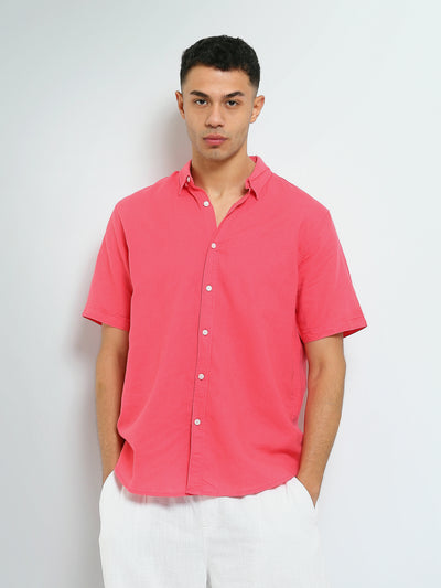 Town Team - Men's Slim linen Short Sleeves Shirts Fuchsia Linen Blend