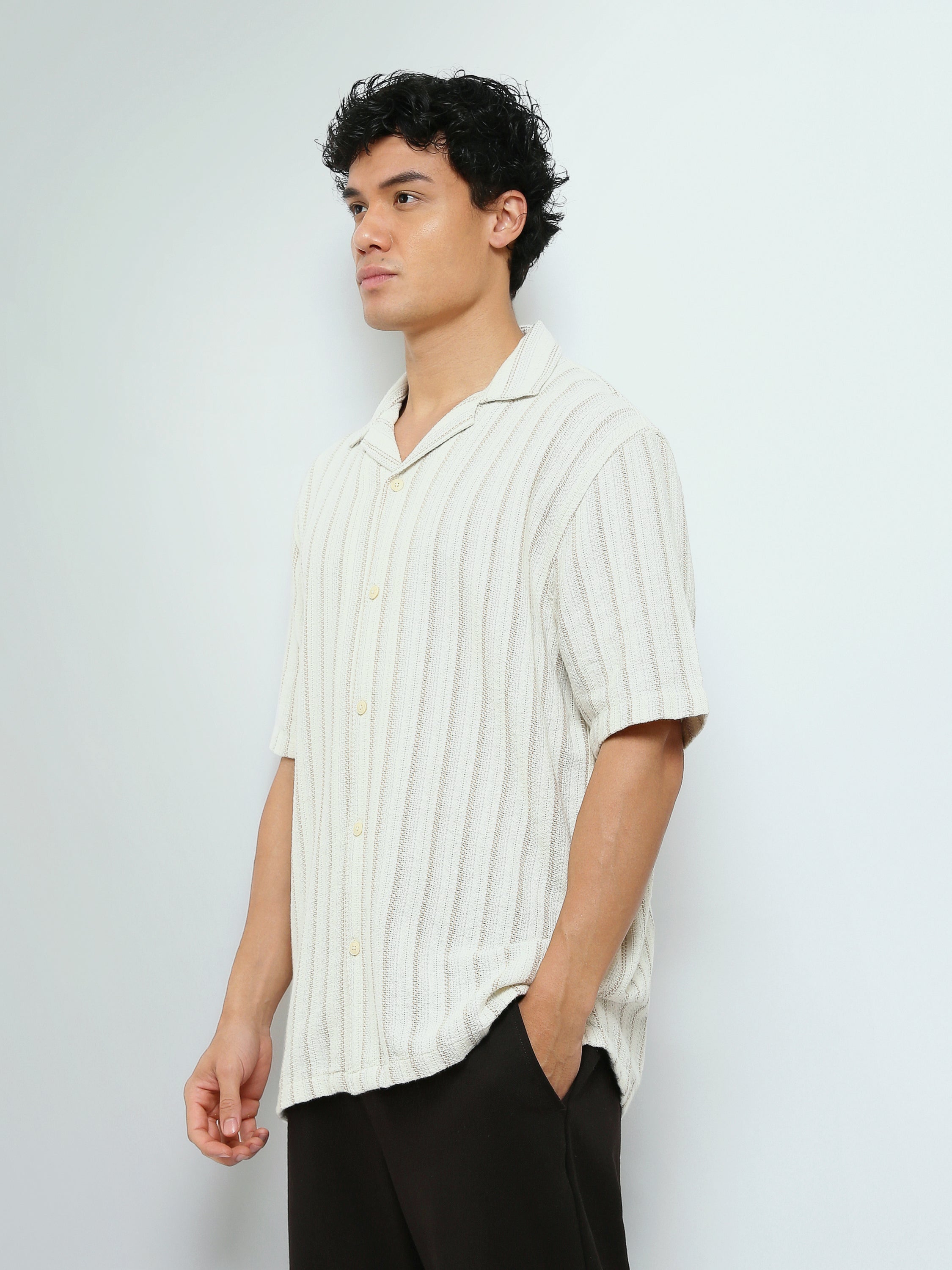 Town Team - Men's Oversized cotton Short Sleeves Shirts WHT/BEG Cotton Blend