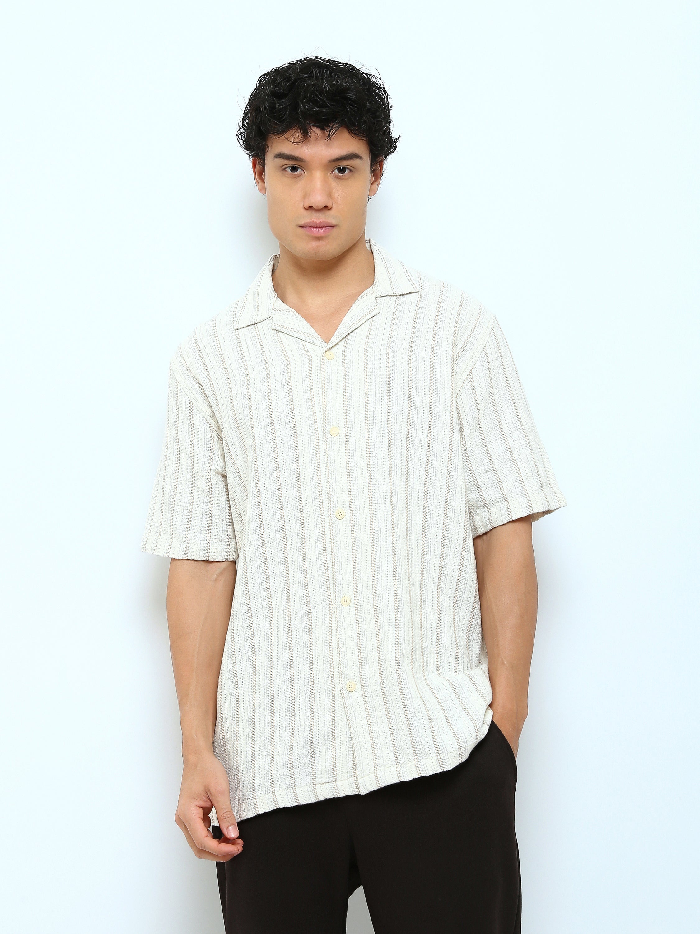 Town Team - Men's Oversized cotton Short Sleeves Shirts WHT/BEG Cotton Blend
