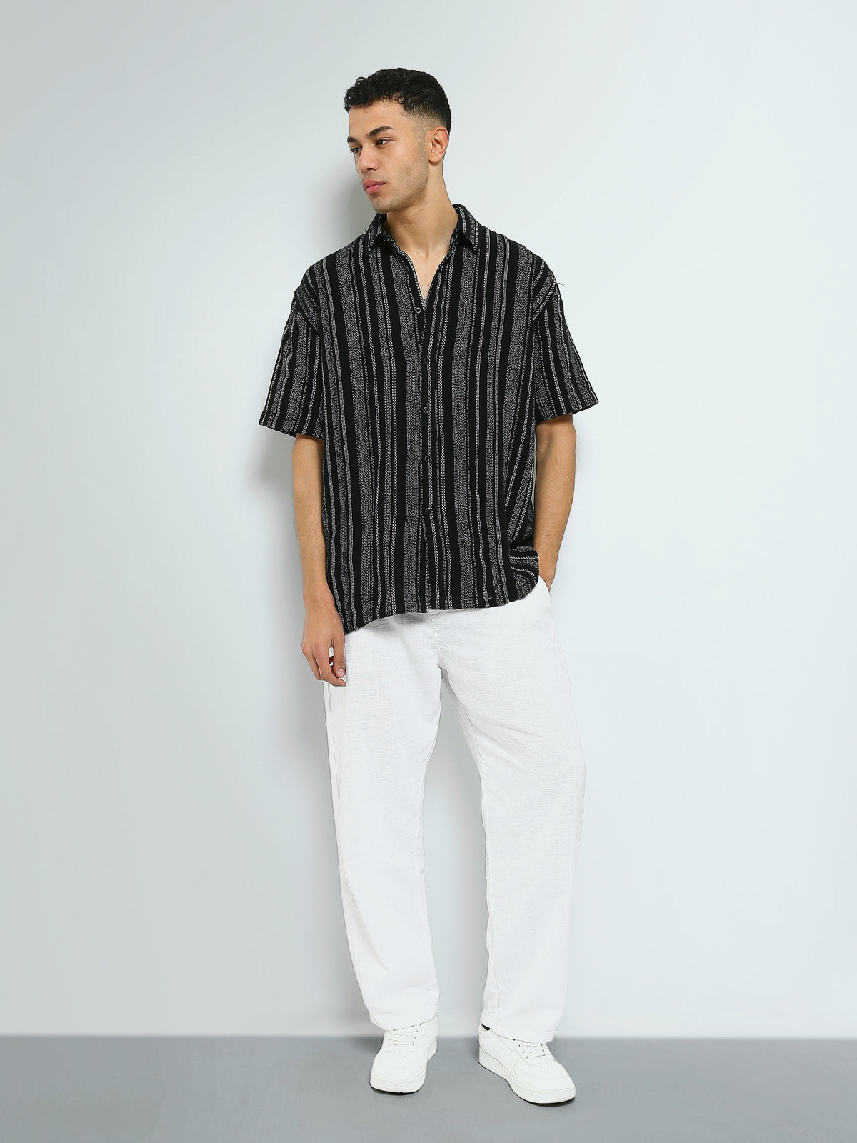 Town Team - Men's Oversized cotton Short Sleeves Shirts BLK/WHT Cotton Blend