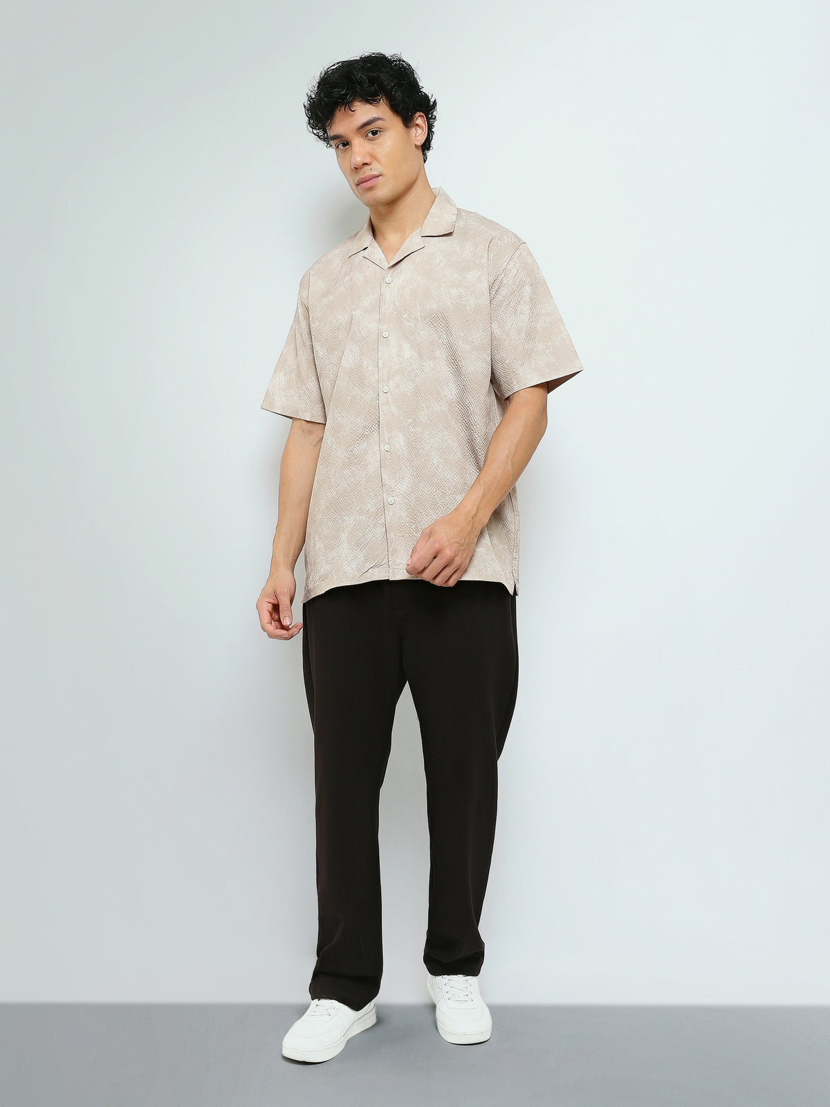 Town Team - Men's Oversized cotton Short Sleeves Shirts Beige Cotton Blend