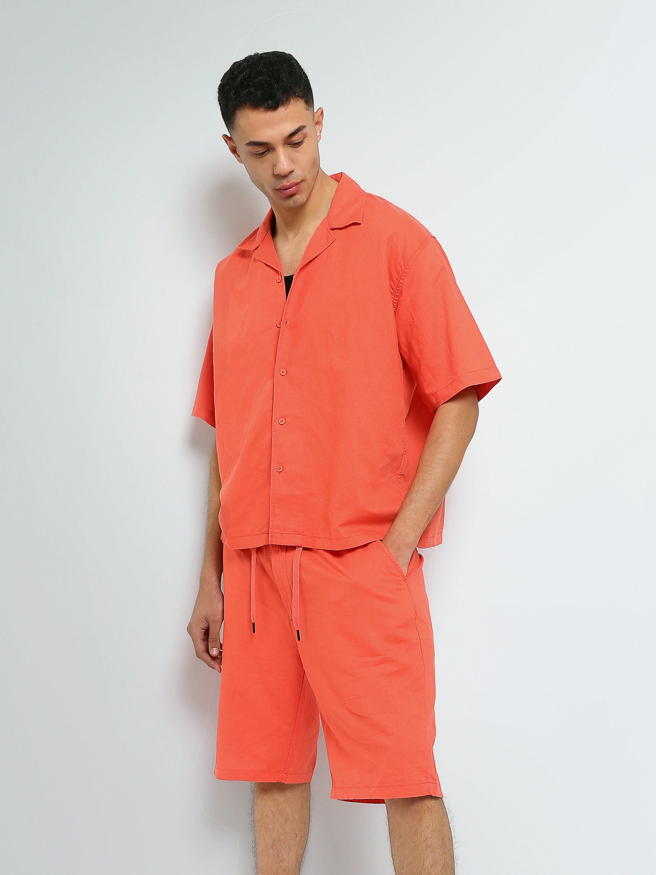 Town Team - Men's plain top Shirt Sets Orange Linen