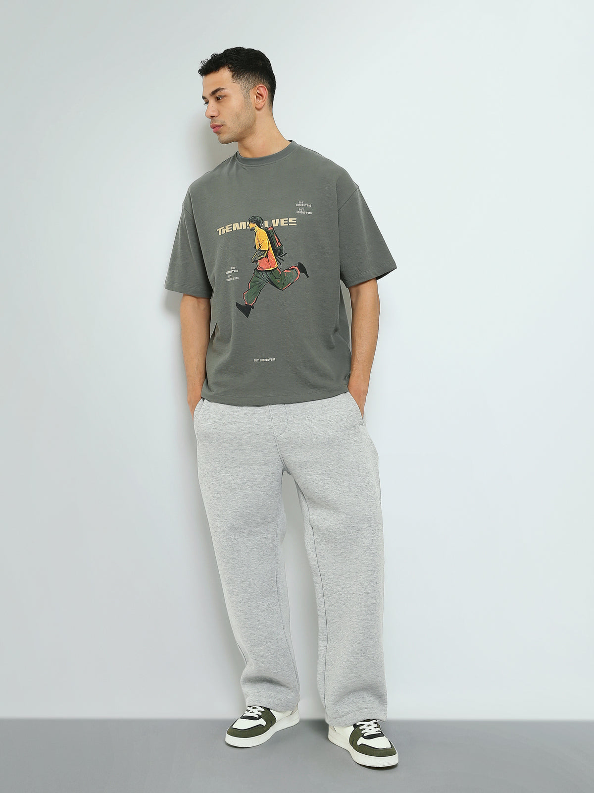 Town Team - Men's Slouchy round-neck T-shirts D-OLIVE Mixed fabric